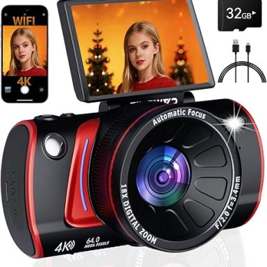 4K Digital Camera for Photography Autofocus,64MP WiFi Vlogging Camera with 3” 180° Flip Screen for YouTube,18X Zoom Travel Camera for Beginners,32GB Card & Rechargeable Battery (Black