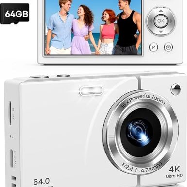 Digital Camera, 4K Vlogging Camera with Autofocus, 64MP, 16X Zoom, 64GB Card Included, Built-in Battery, Compact Digital Camera for Teens Adult Beginners, Ideal for Travel & YouTube - White